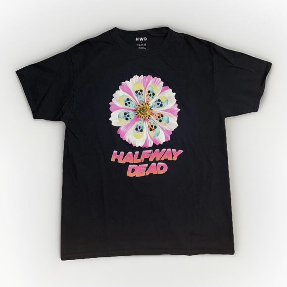 Halfway Dead Graphic T-Shirt Black Men’s Large 20x28 Streetwear Skull Flower - Picture 1 of 3